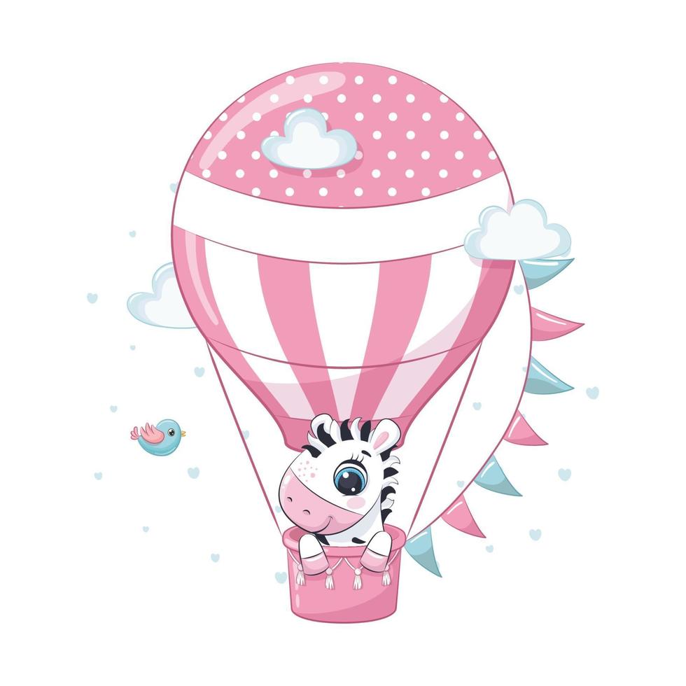 mignon bébé zèbre sur une montgolfière. illustration vectorielle. vecteur