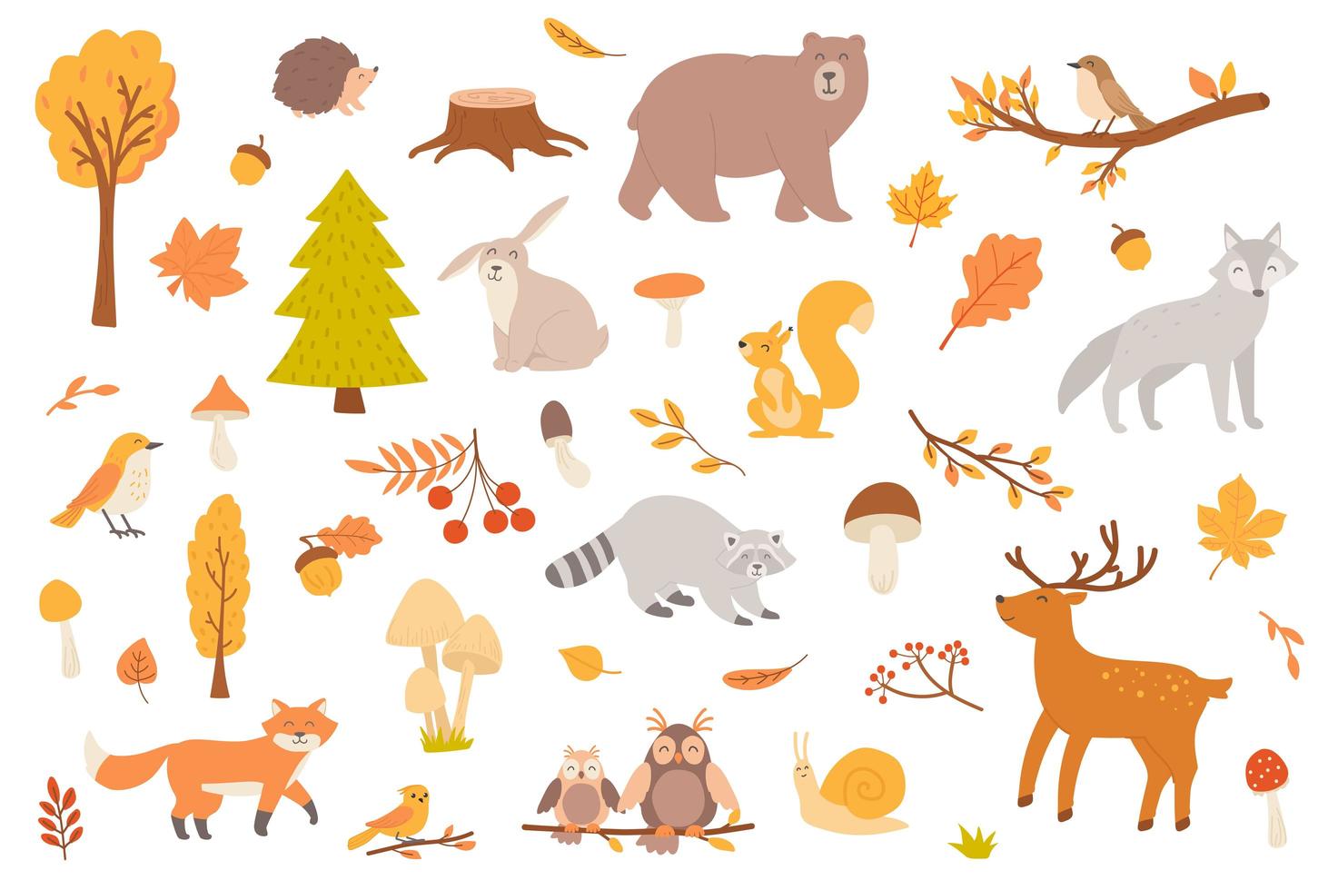 forêt d'automne avec ensemble d'objets isolés animaux vecteur