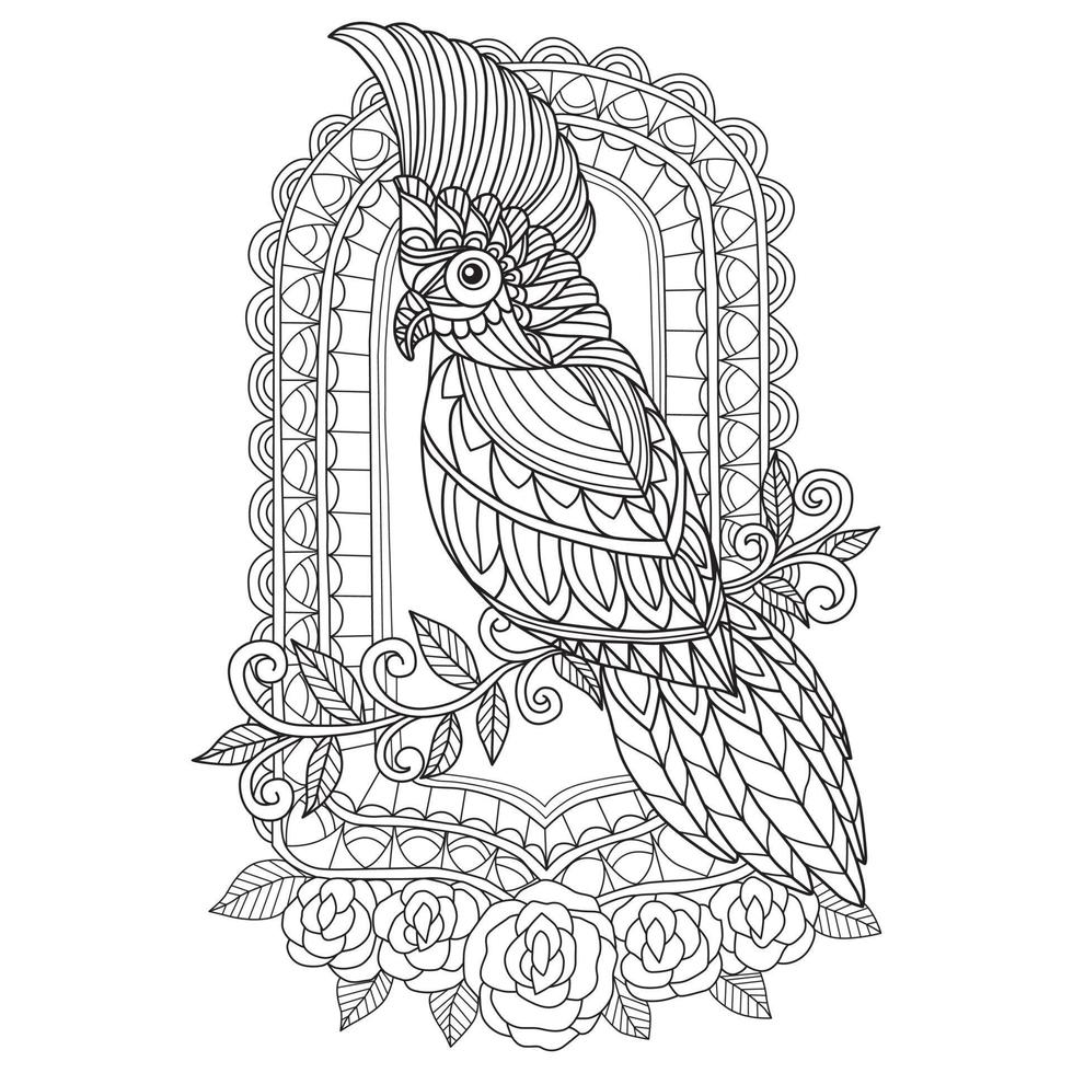 oiseau et miroir dessinés à la main pour un livre de coloriage pour adultes vecteur