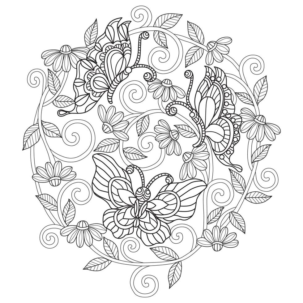 papillon et fleurs dessinés à la main pour livre de coloriage adulte vecteur