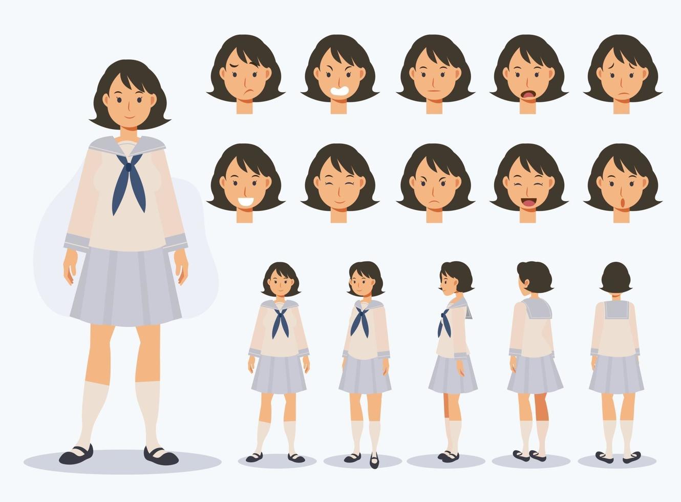 étudiante japonaise en uniforme avec différentes vues, style cartoon. vecteur