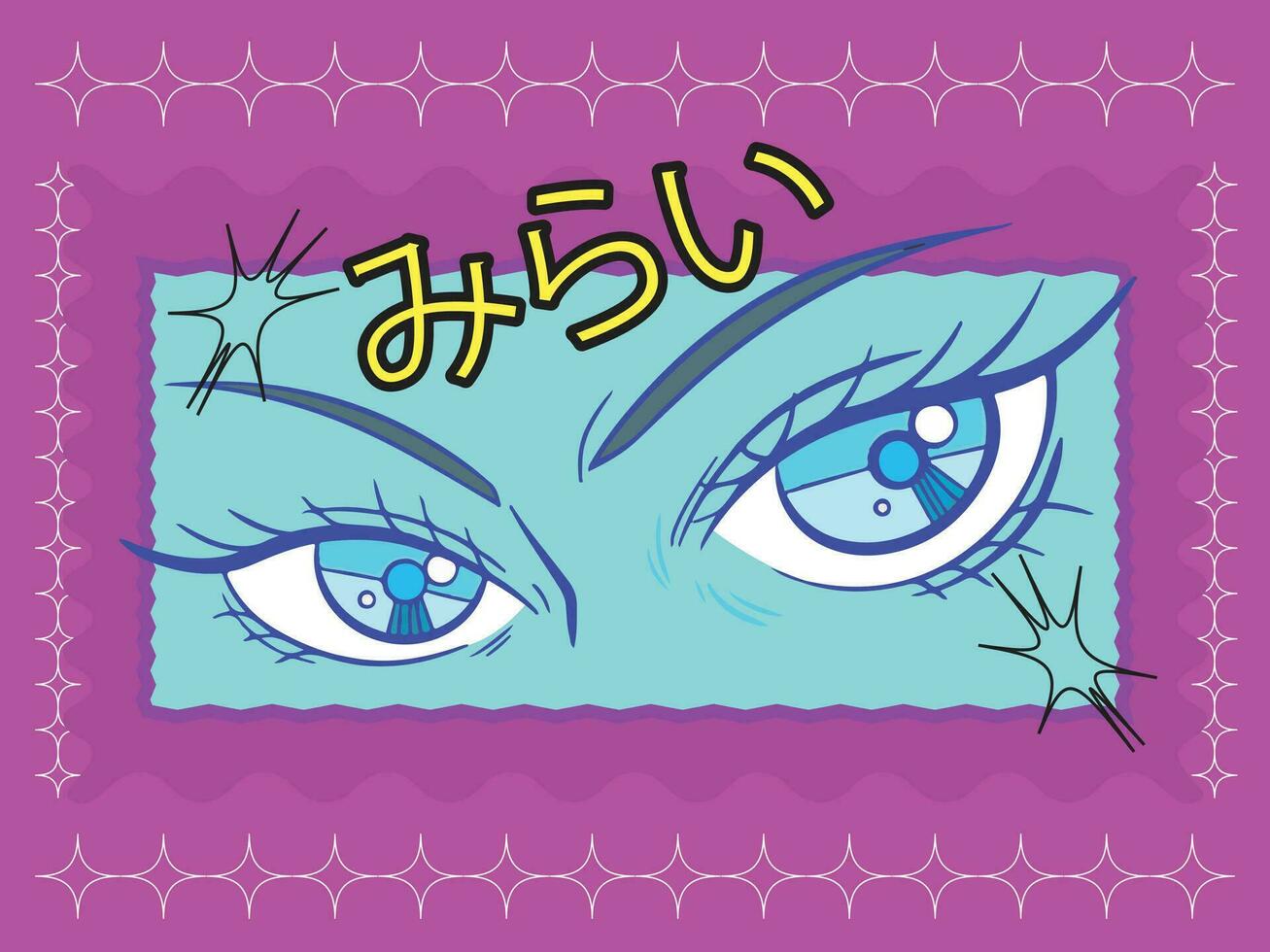 rétro ancien brillant plaine coloré anime yeux vecteur illustration avec bleu Cadre et magenta Contexte isolé sur horizontal rapport modèle. Facile plat manga anime stylé dessin.