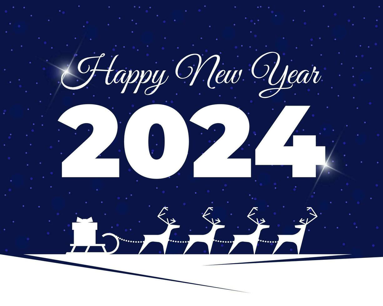 Père Noël claus renne harnais avec cadeau boîte sur traîneau inversion sur bleu Contexte. joyeux Noël et content Nouveau année 2024 salutation carte conception. Noël cerf et traîneau silhouette vecteur eps illustration