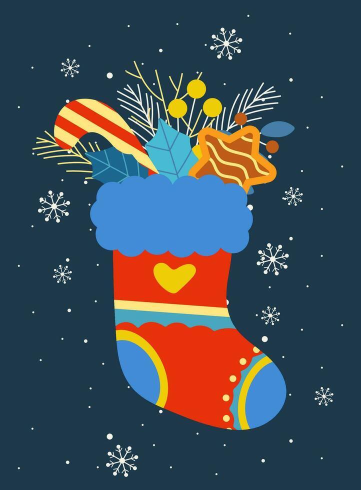 content Nouveau année et joyeux Noël salutation carte avec chaussette et décor, brindilles, flocons de neige, cadeau des boites, feuilles, cannelle. vecteur