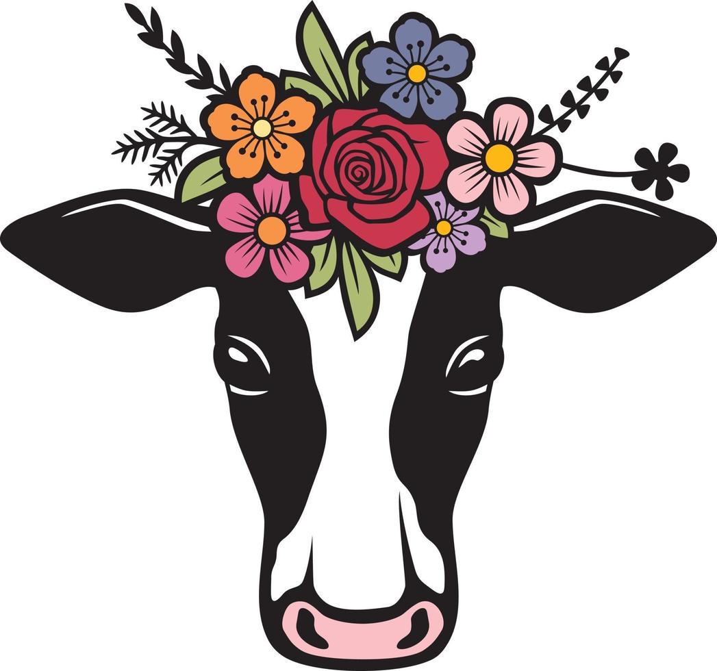tête de vache avec des fleurs vecteur