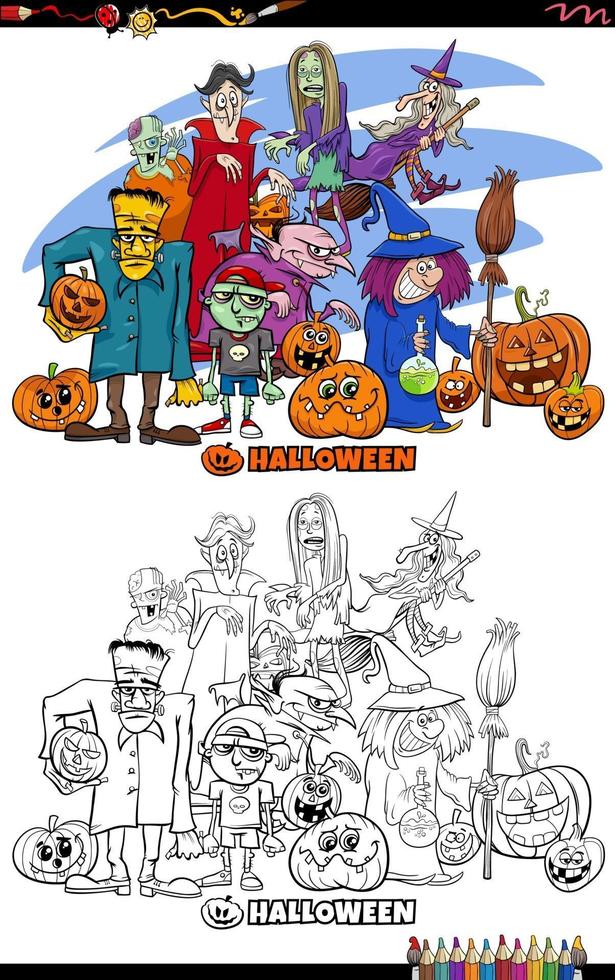 dessin animé, halloween, caractères, groupe, livre coloration, page vecteur