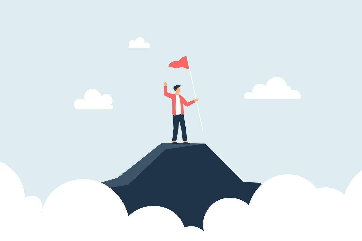 réussi entrepreneurs dans le affaires monde. concept de en volant drapeau sur Haut de Montagne à célébrer succès. vecteur illustration