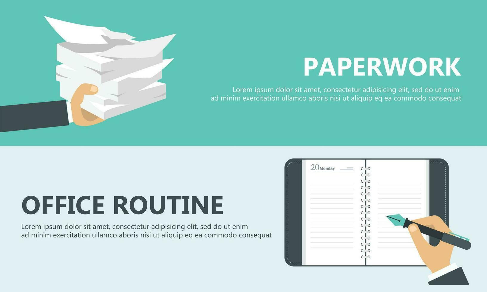 les documents et déposer. routine, bureaucratie, gros données, formalités administratives, bureau. vecteur illustration dans plat style