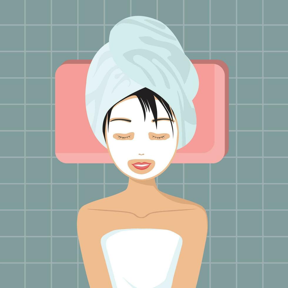 femme ayant anti-âge faciale traitement. spa et bien-être concept. plat vecteur illustration