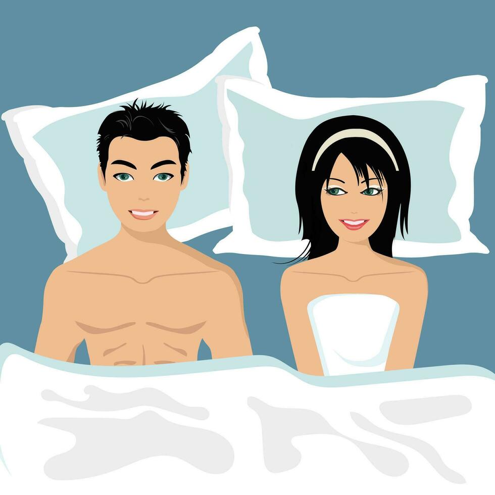 Jeune couple content dans lit. plat vecteur illustration