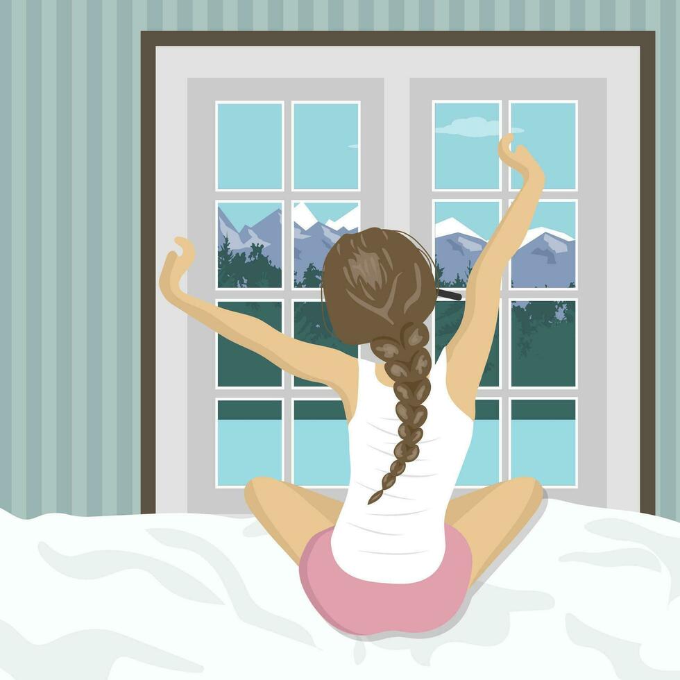 femme élongation dans lit après réveiller en haut. concept pour vacances et les vacances. été Montagne paysage. plat vecteur illustration