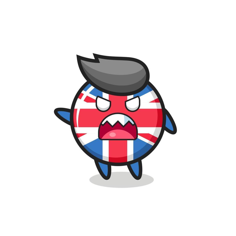 dessin animé mignon d'insigne de drapeau du royaume-uni dans une pose très en colère vecteur