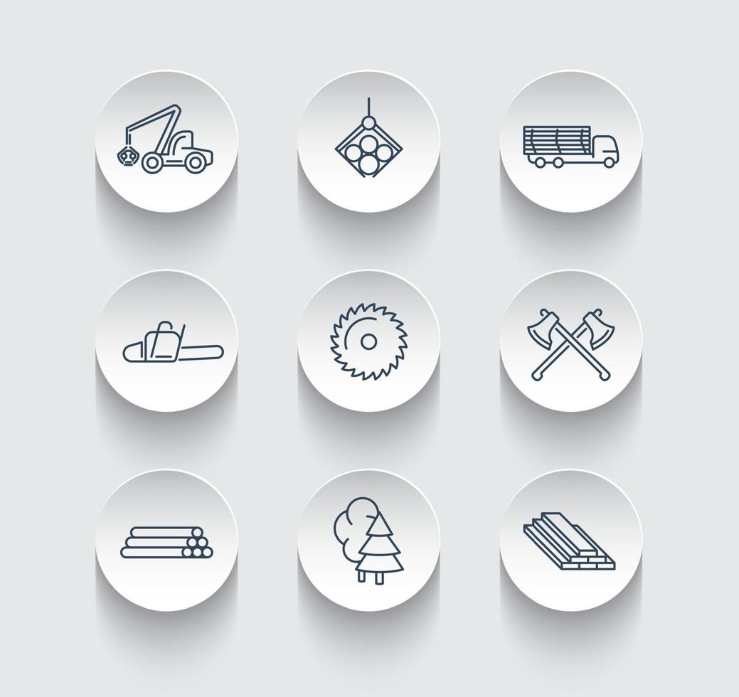 foresterie, bois, abatteuse d'arbres, icônes de ligne sur des formes 3d rondes vecteur