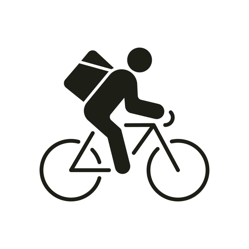 Express livraison un service silhouette icône. courrier sur bicyclette glyphe pictogramme. vite livraison de nourriture ou des biens solide signe. la vitesse livreur sur vélo symbole. isolé vecteur illustration.