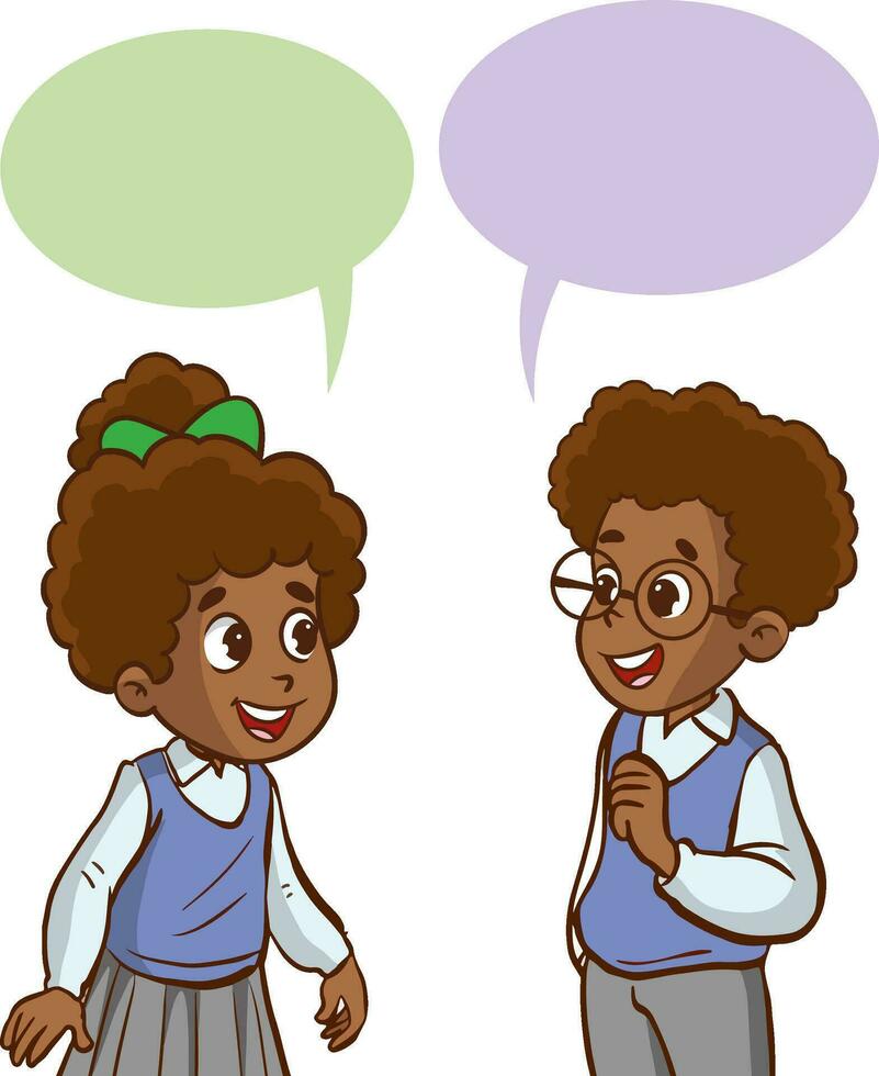 illustration de une peu garçon et fille parlant avec Vide discours bulles vecteur
