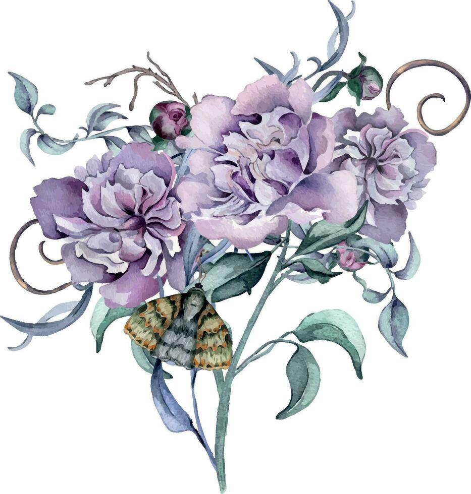 aquarelle violet rose bouquet de pivoine fleurs isolé sur blanche. gothique floral botanique bourgeon illustration main dessiné. gothique foncé mariage décoration dans ancien style. élément pour invitation, toile de fond vecteur