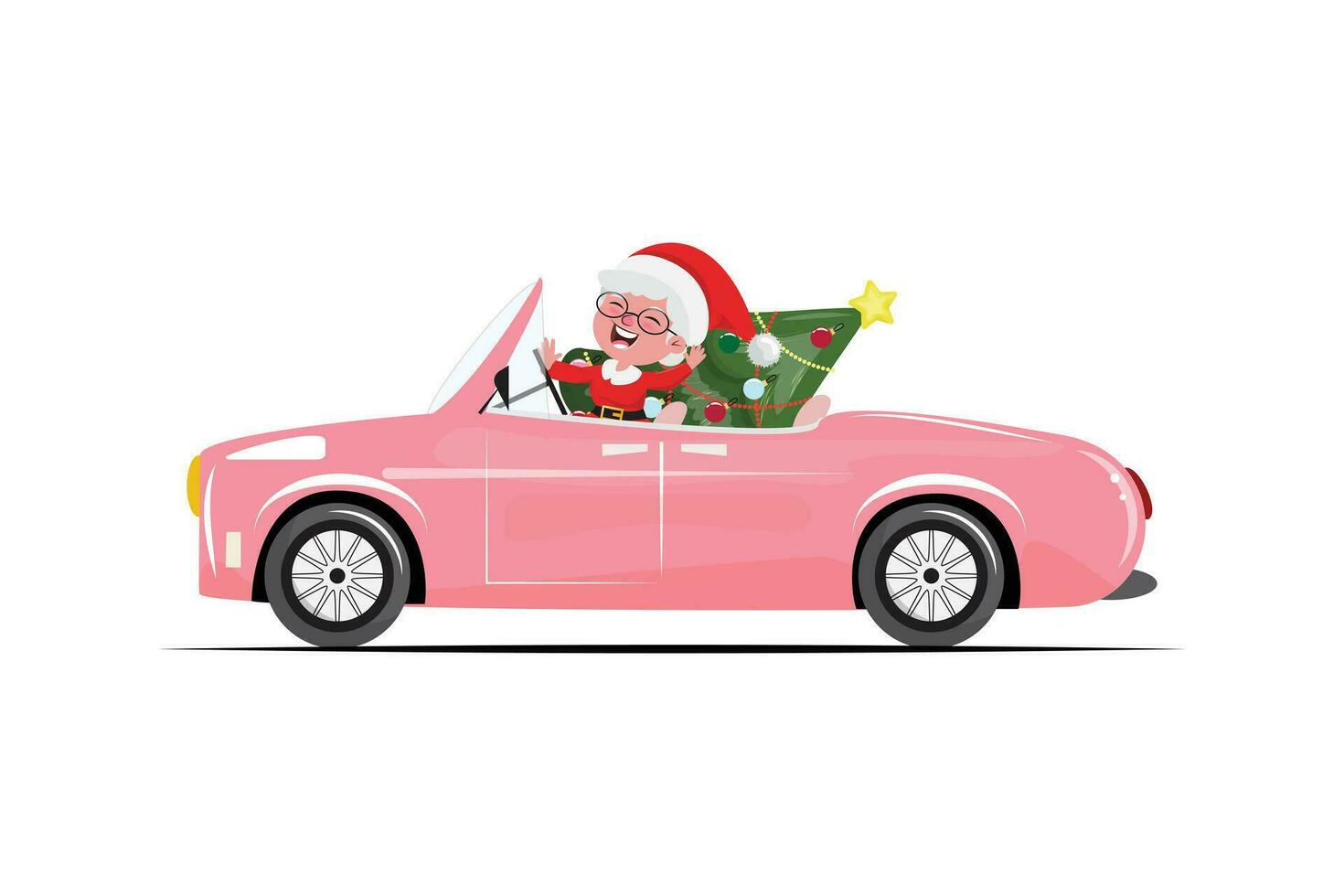 Mme claus conduite dans le rose cabriolet et transportant une Noël arbre vecteur