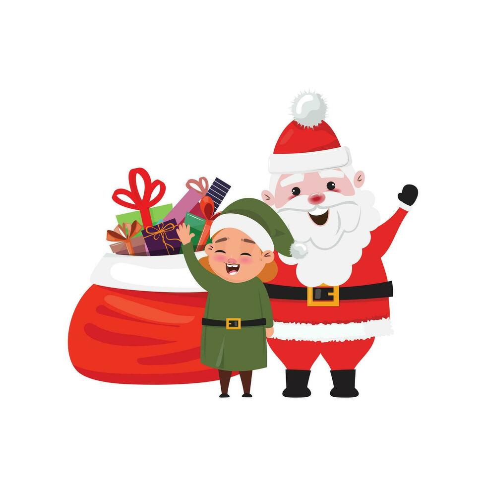 Père Noël claus avec une assistant elfe permanent suivant à le gros sac rempli avec présente vecteur