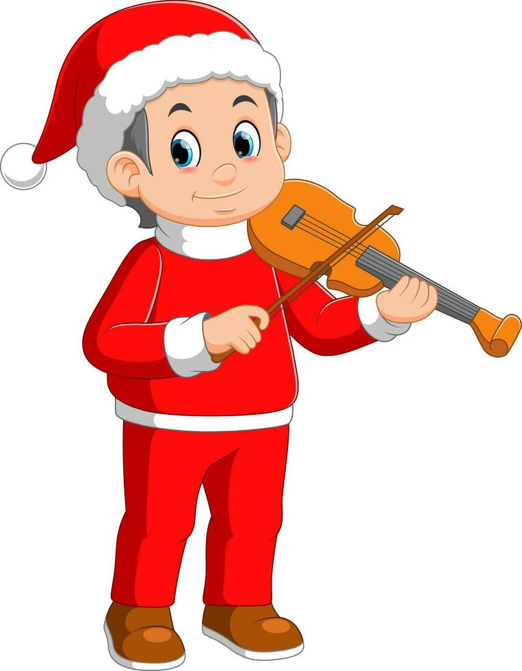 dessin animé peu garçon dans rouge Père Noël vêtements en jouant une violon vecteur