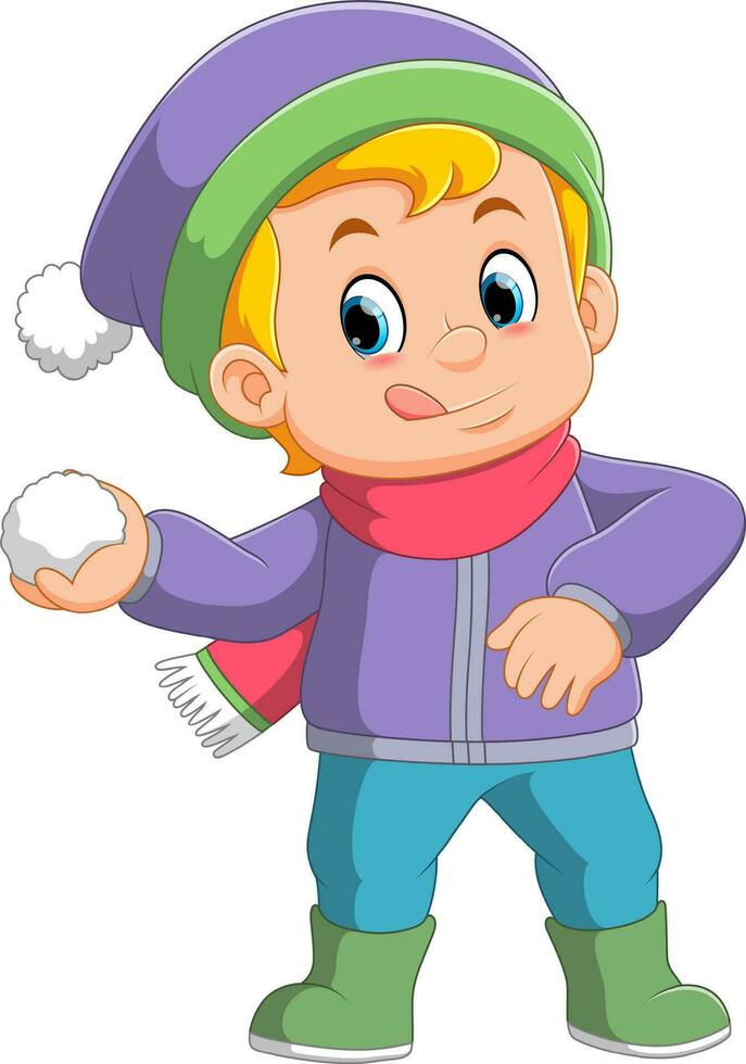 dessin animé petit garçon en vêtements d'hiver jetant des boules de neige vecteur