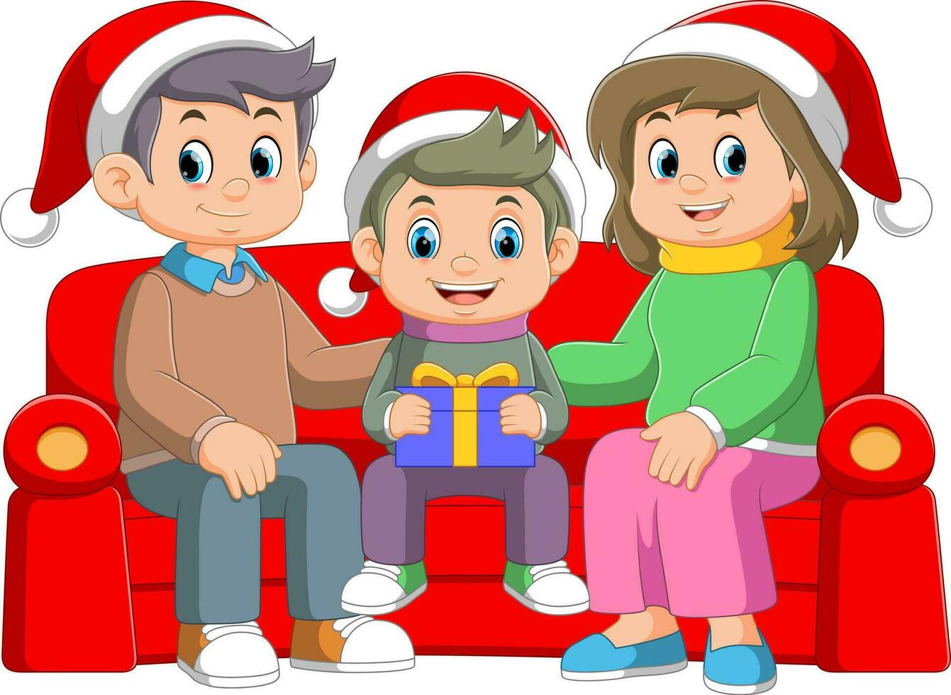 dessin animé famille célébrer Noël et séance sur le canapé vecteur
