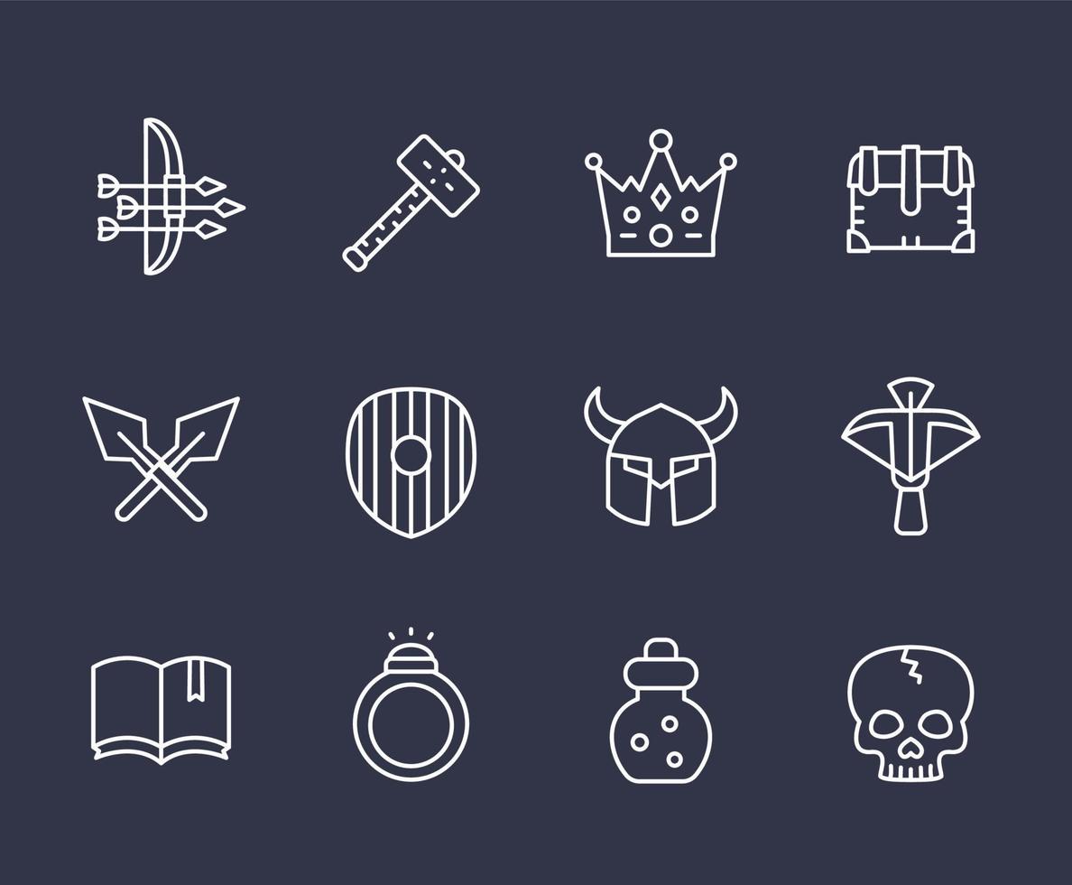 jeu d'icônes de ligne de jeu 2, armure, marteau de guerre, arbalète, flèches et arc vecteur