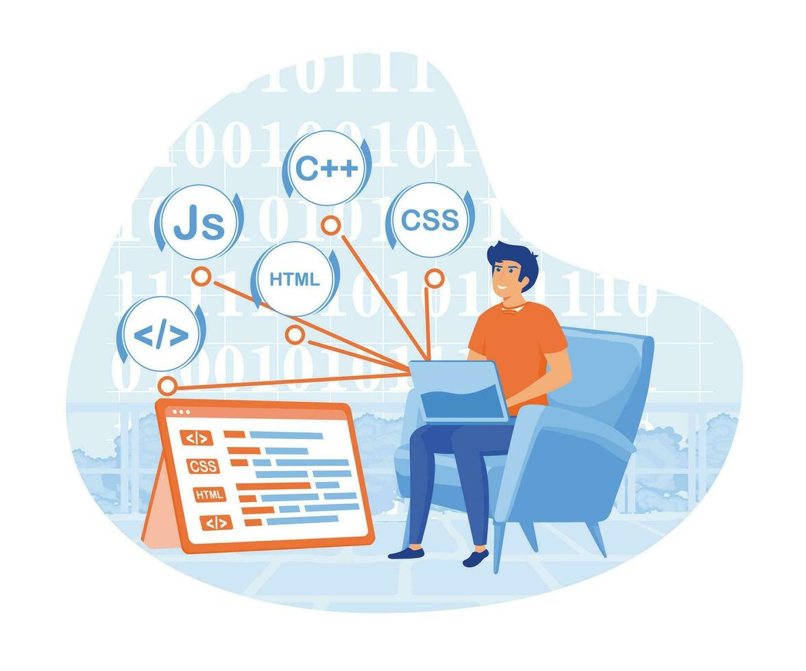 Logiciel ingénieur asseoir dans chaise travail sur portable utilisation programmation Langue code avec plat dessin animé style. plat vecteur moderne illustration