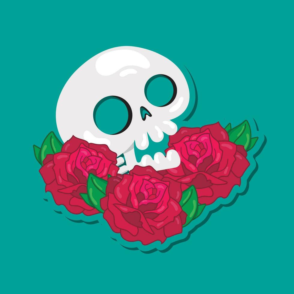 isolé crâne cartonn avec Rose fleurs vecteur illustration