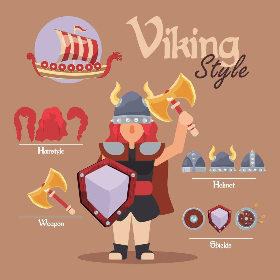 mignonne viking femelle personnage atout avec armes et casques vecteur illustration