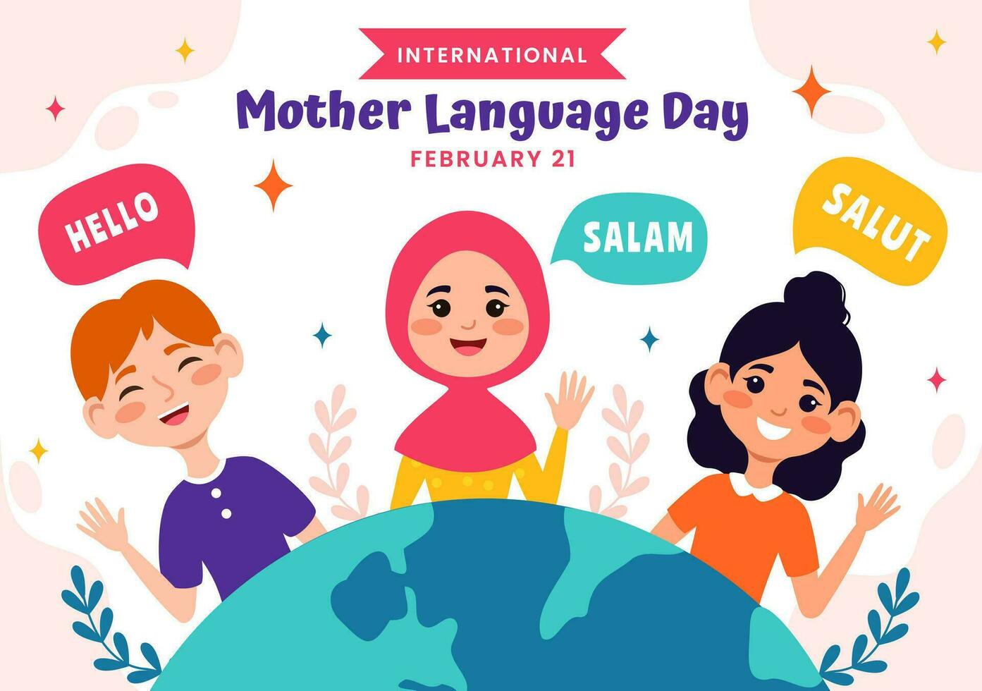 international mère Langue journée vecteur illustration sur février 21 avec maman dit Bonjour dans nombreuses monde langues dans plat des gamins dessin animé Contexte