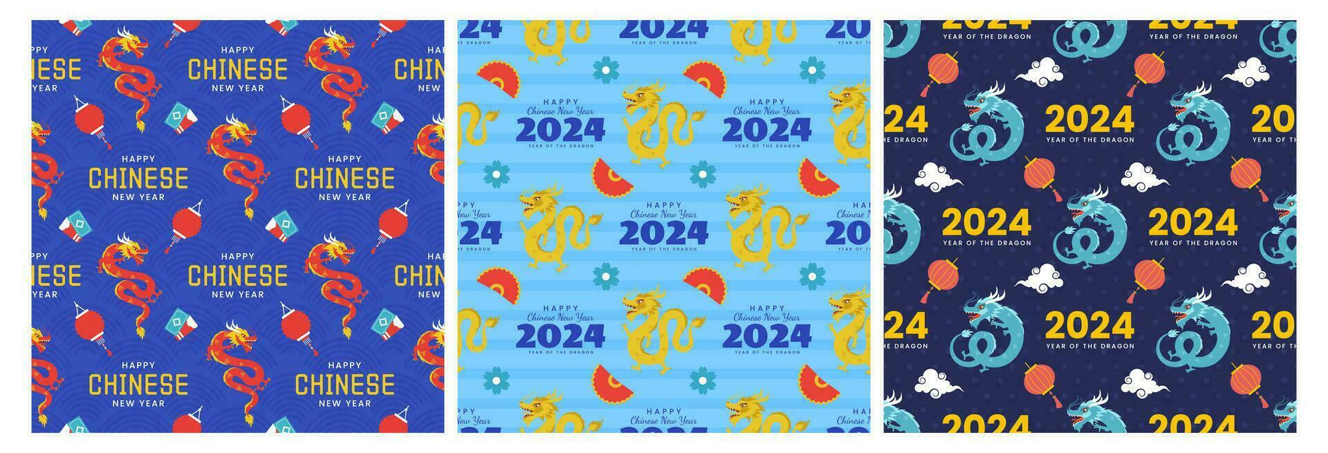 content chinois Nouveau année 2024 sans couture modèle conception. Traduction année de le dragon. avec lanterne, dragons et Chine éléments dans plat illustration vecteur