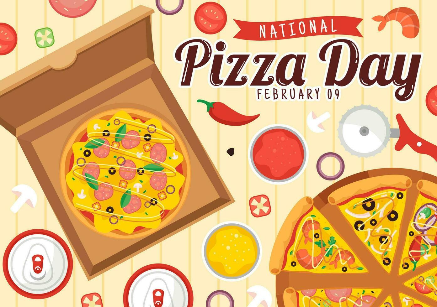 nationale Pizza journée vecteur illustration sur février 9 avec divers garnitures sur chaque tranche pour affiche ou bannière dans plat dessin animé Contexte conception