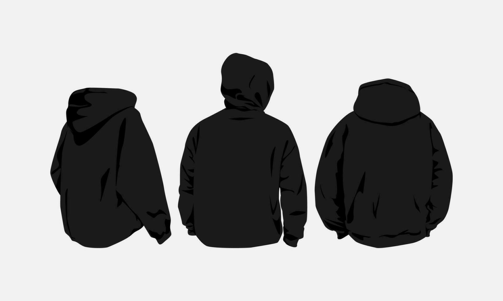 ensemble de Trois sweats à capuche dans noir couleur. retour voir. plat vecteur illustration style.