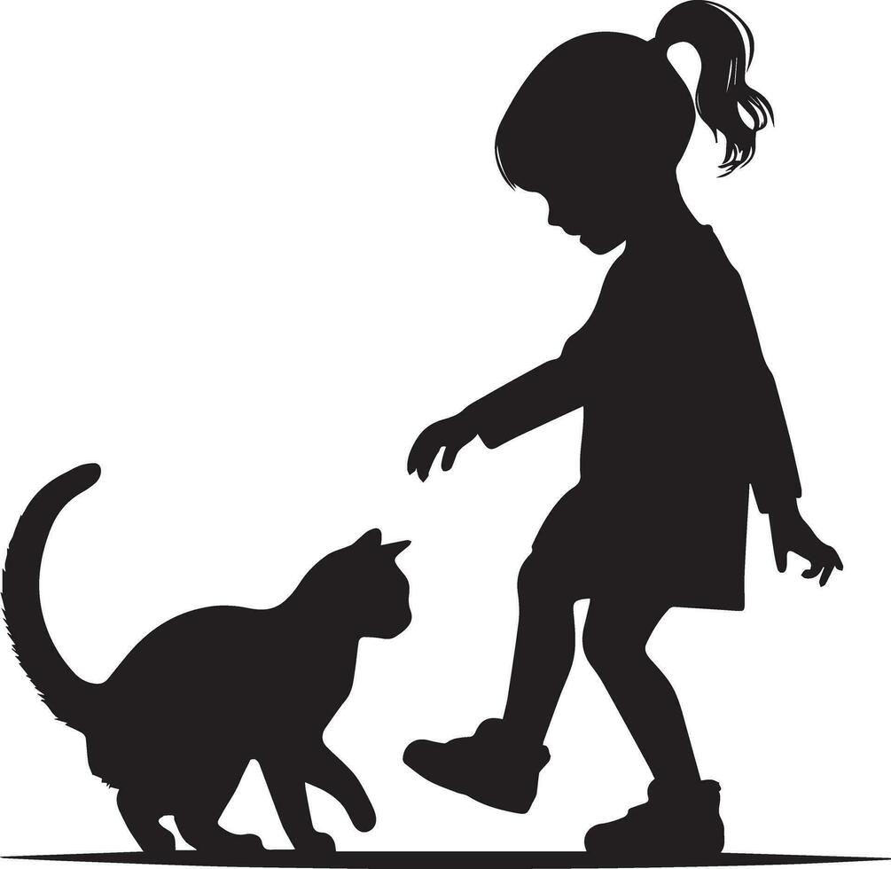 enfant jouer avec chat vecteur silhouette illustration noir Couleur