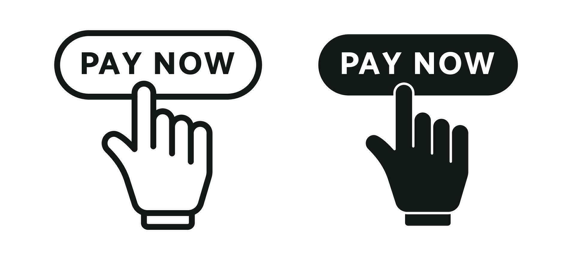Payer maintenant bouton icône ensemble dans noir rempli et décrit style. Cliquez sur ici et Payer facture cta boutons. vecteur
