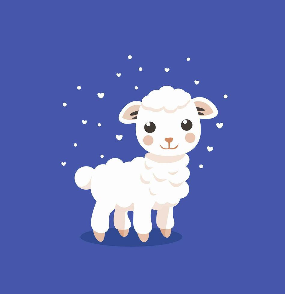 dessin animé personnage blanc agneau mouton avec mignonne cœurs sur une bleu Contexte pour enfants vêtements, coloration livre, fond d'écran, mascotte, logo, carte postale, affiche, La publicité vecteur