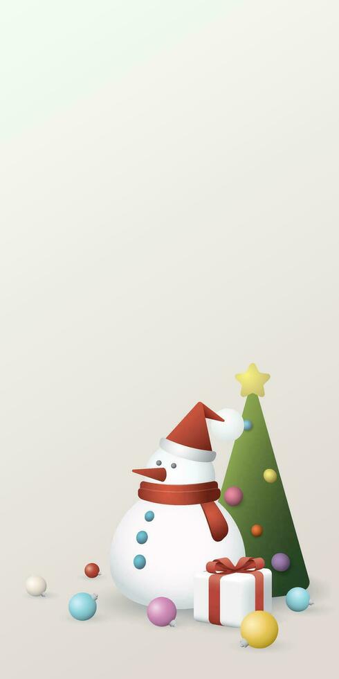 bonhomme de neige avec décoré Noël arbre géométrique formes 3d style vecteur illustration. joyeux Noël et content Nouveau année salutation carte verticale modèle avoir Vide espace.