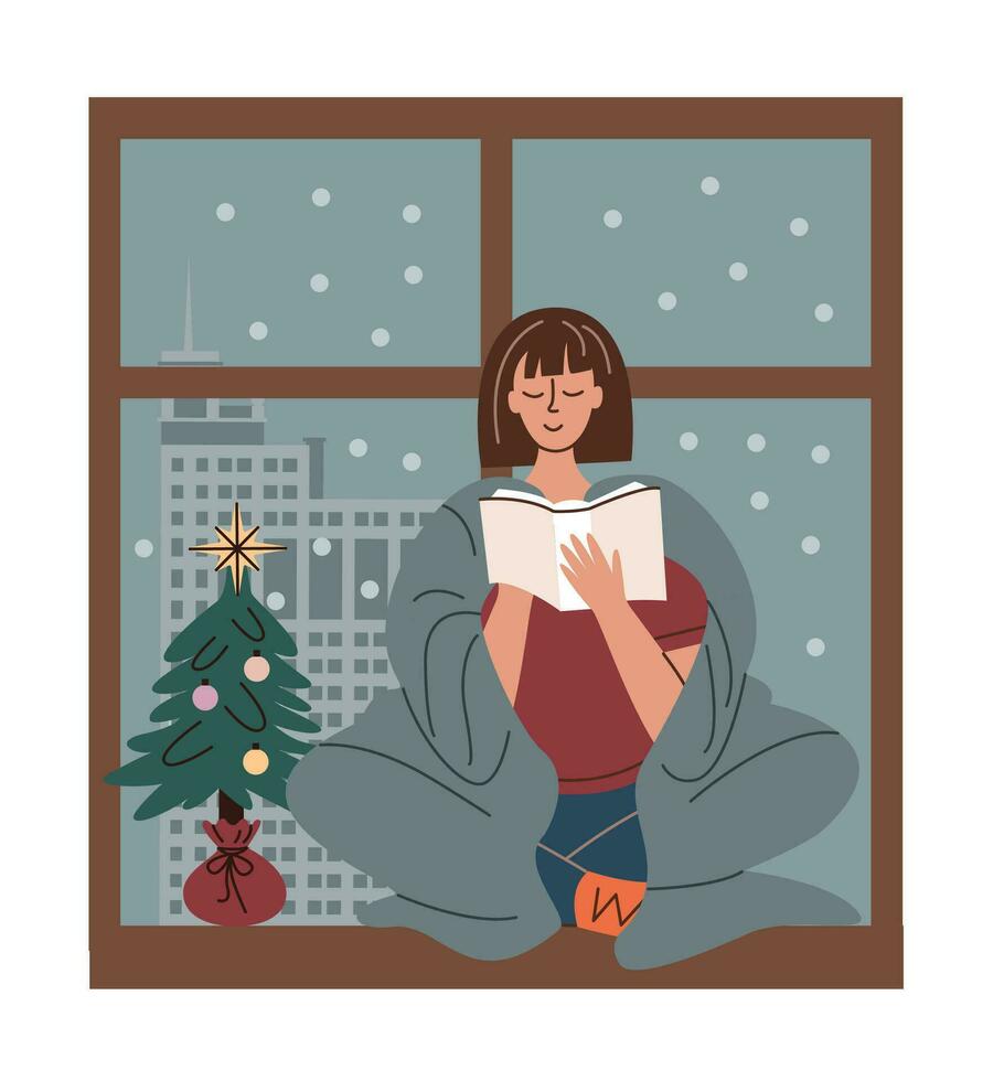 content fille en train de lire une livre séance dans une hiver la fenêtre. concept de Noël vacances. plat vecteur illustration.