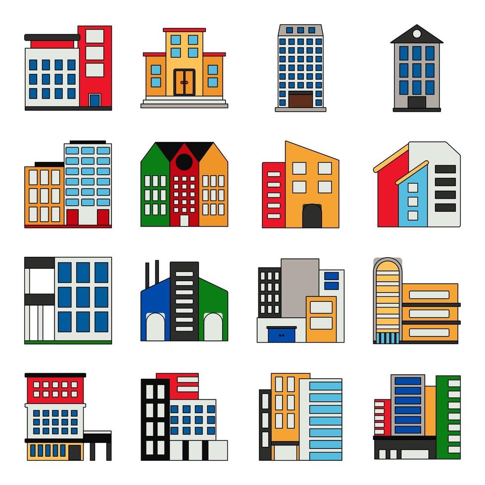 pack de bâtiments et d'icônes plates d'édifice vecteur