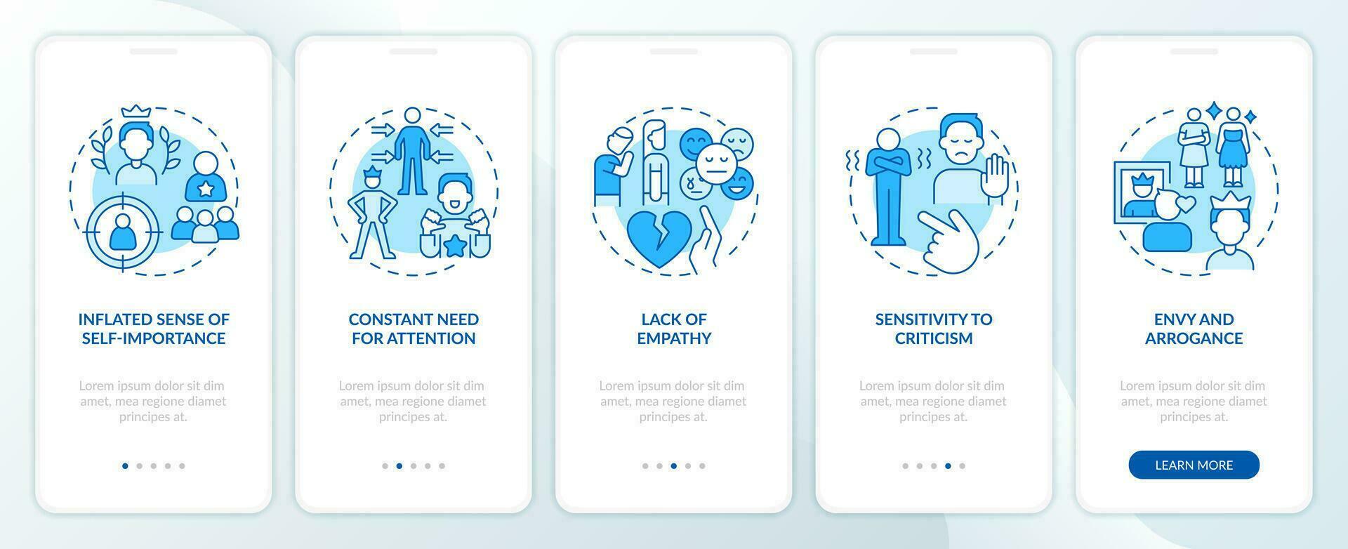 2d Icônes représentant codépendance relation mobile app écran ensemble. procédure pas à pas 5 pas bleu graphique instructions avec mince ligne Icônes concept, interface utilisateur, ux, gui modèle. vecteur