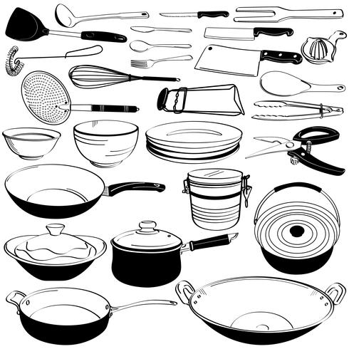 Ustensiles de cuisine ustensiles de cuisine dessin doodle croquis. vecteur