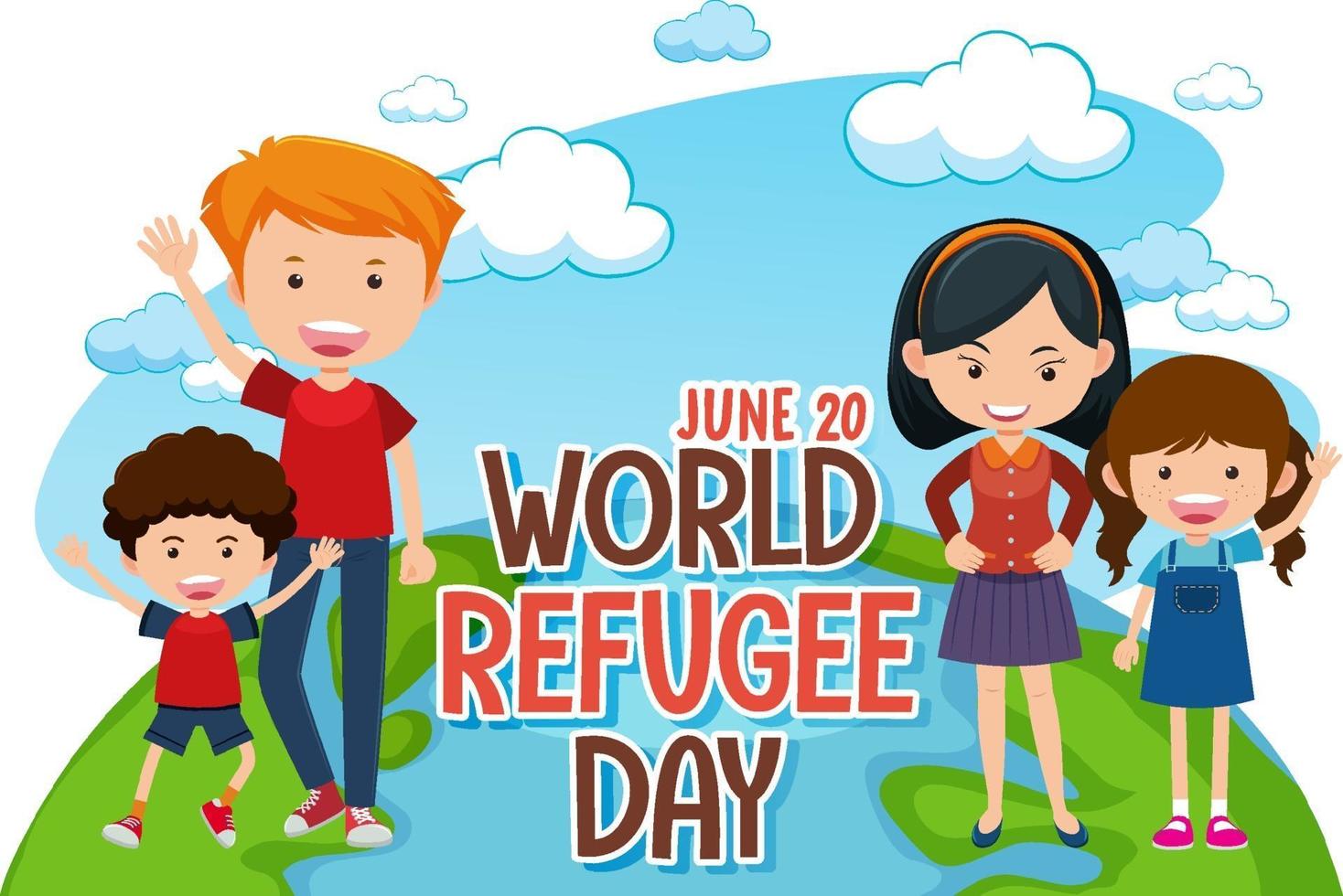 bannière de la journée mondiale des réfugiés avec personnage de dessin animé familial vecteur