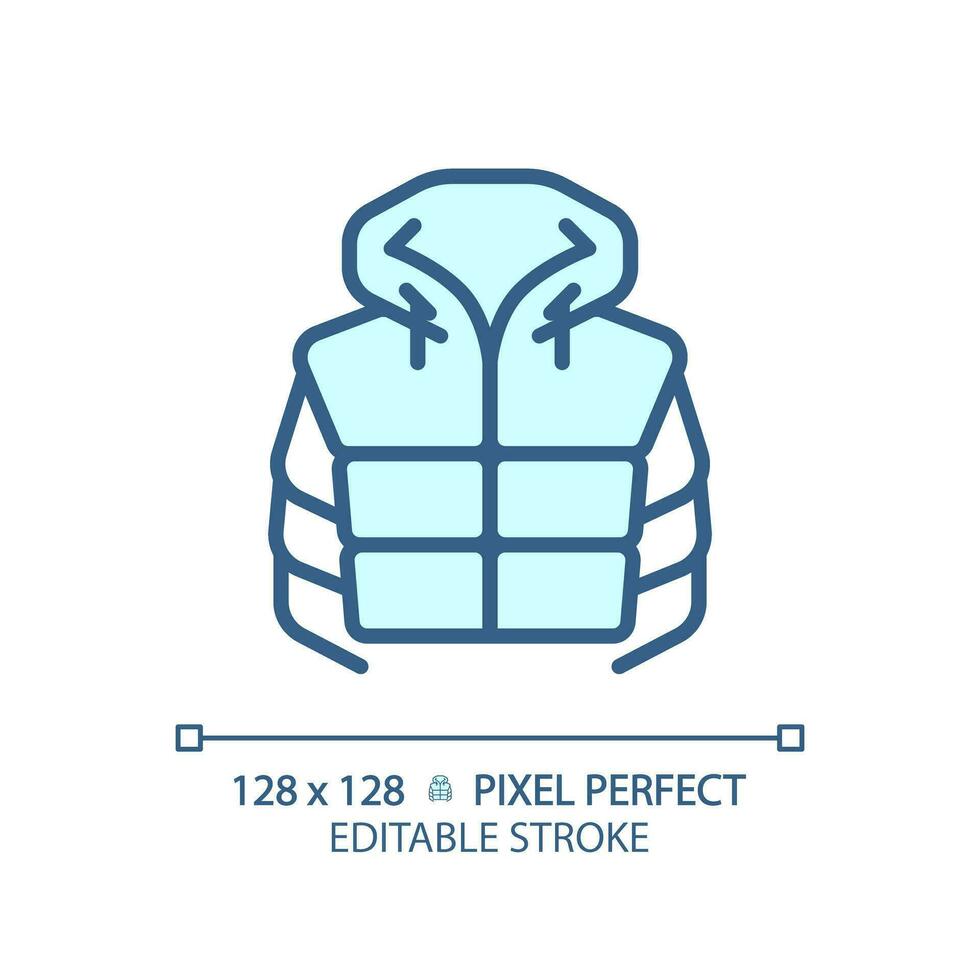 2d pixel parfait bleu rembourré veste icône, isolé vecteur, modifiable randonnée équipement mince ligne illustration. vecteur