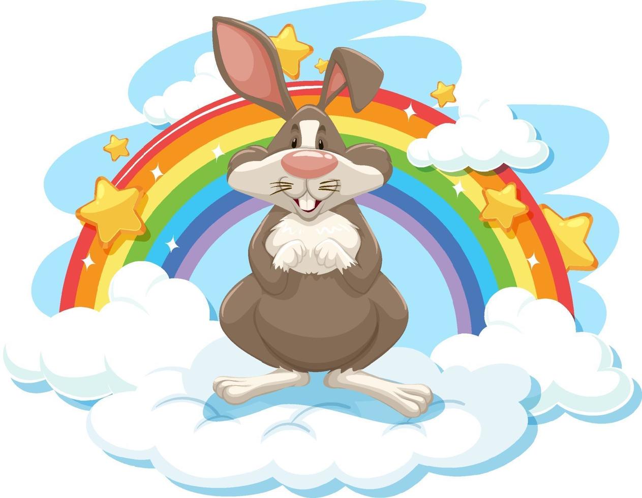 lapin mignon sur le nuage avec arc-en-ciel vecteur