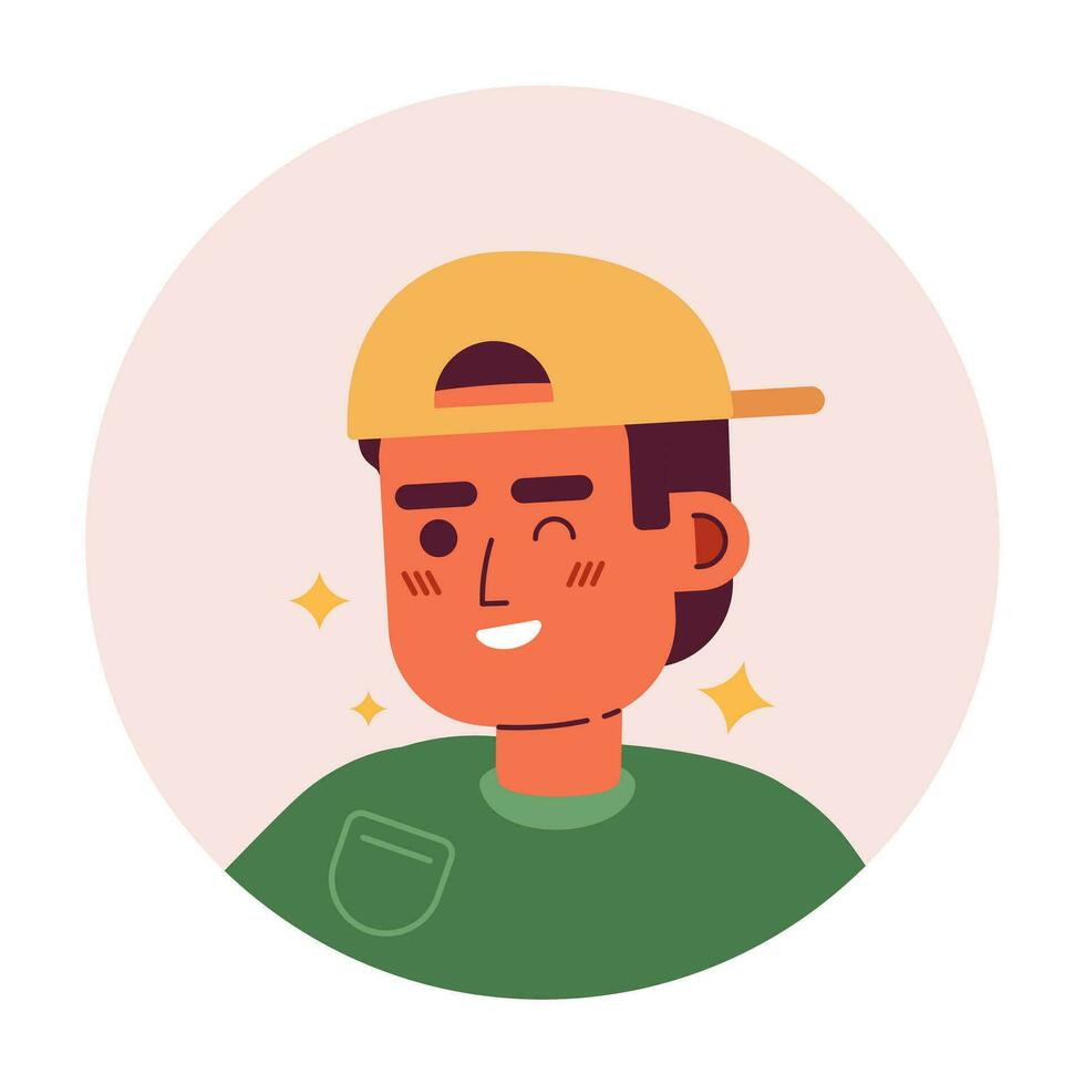 en arrière base-ball casquette latino gars un clin d'oeil souriant 2d vecteur avatar illustration. Université étudiant pétillant dessin animé personnage visage portrait. affectueux gars plat Couleur utilisateur profil image isolé sur blanc