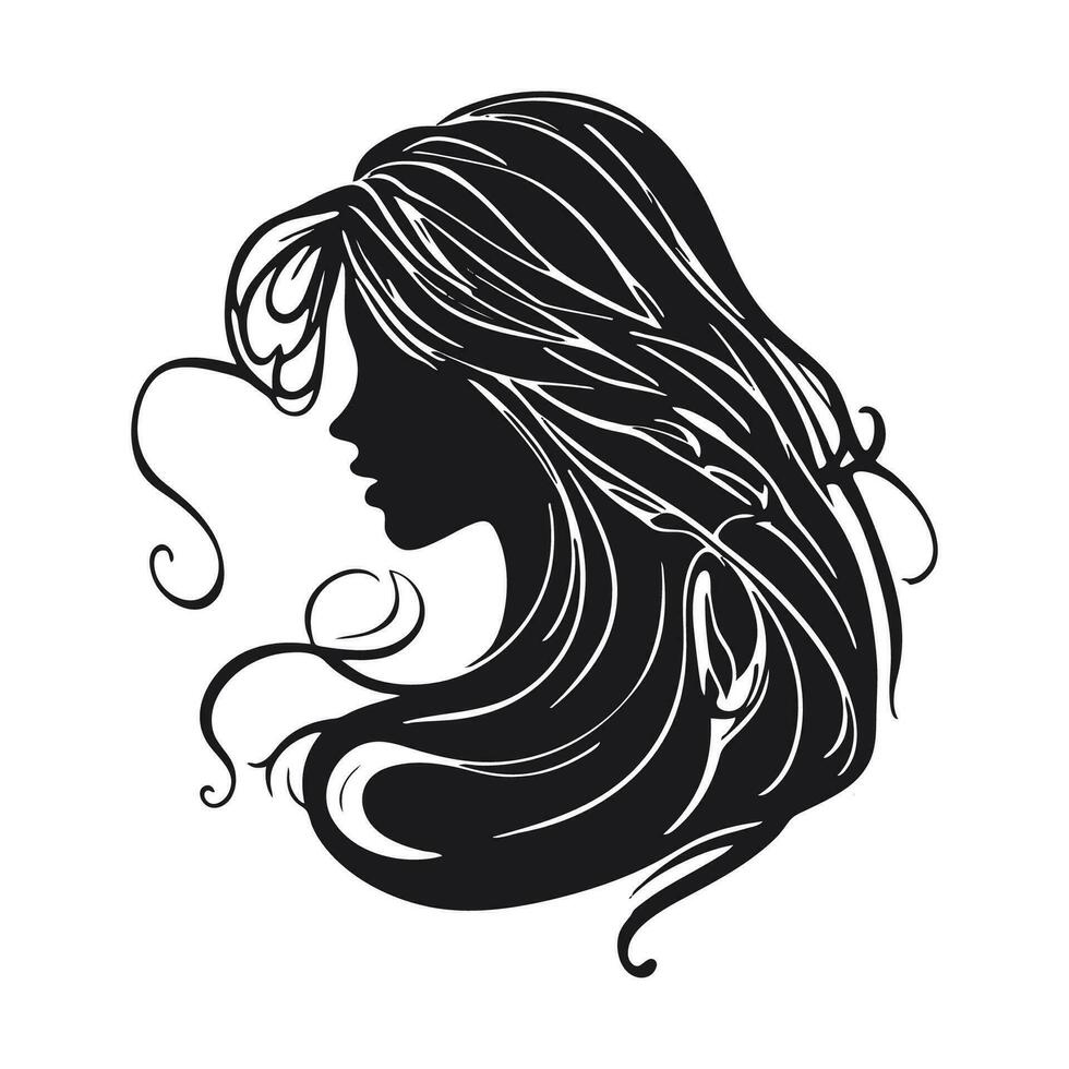 silhouette de une femme avec longue écoulement cheveux, avec isolé Contexte. vecteur