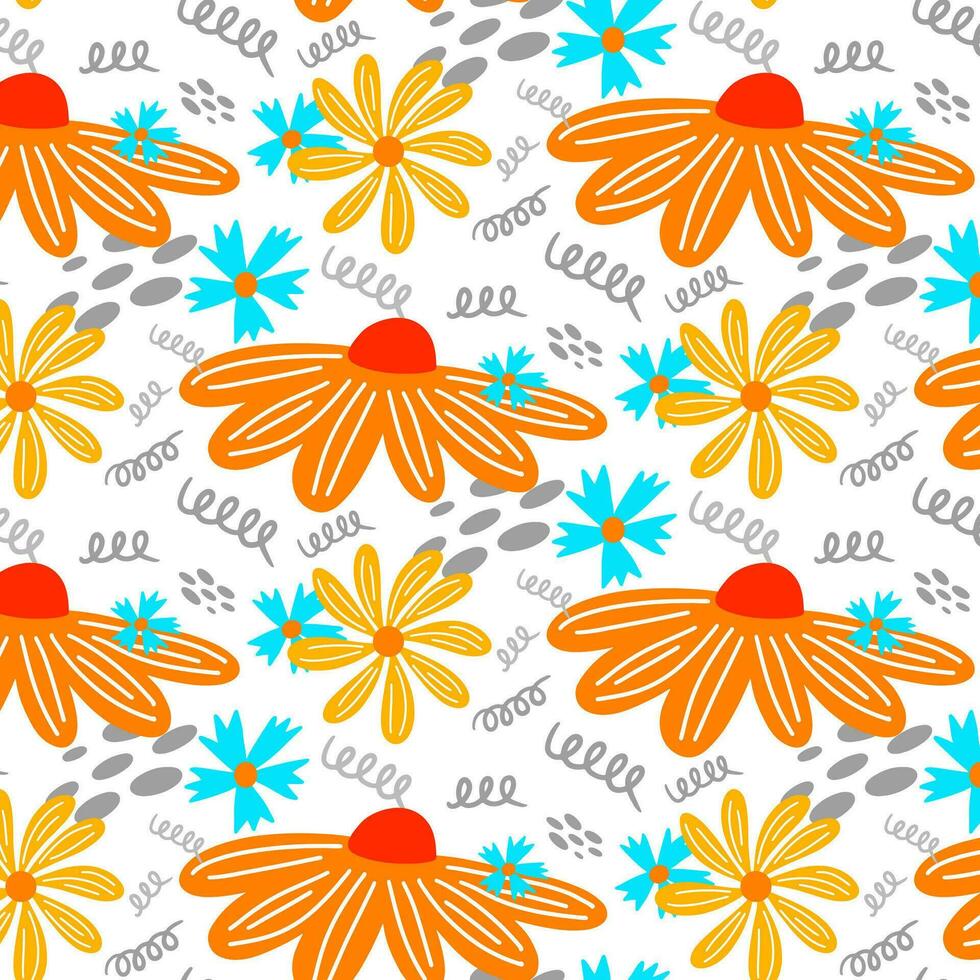 motif floral d'été dessiné à la main de vecteur isolé sur fond blanc. feuilles et fleurs de griffonnage. fond tropical de dessin animé pour la conception de mariage, l'emballage, les textiles, les cartes ornées et de voeux