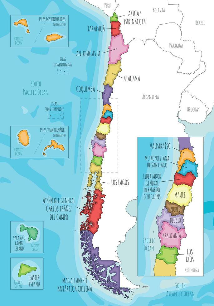 vecteur illustré carte de Chili avec Régions et territoires et administratif divisions, et voisin des pays et territoires. modifiable et clairement étiqueté couches.
