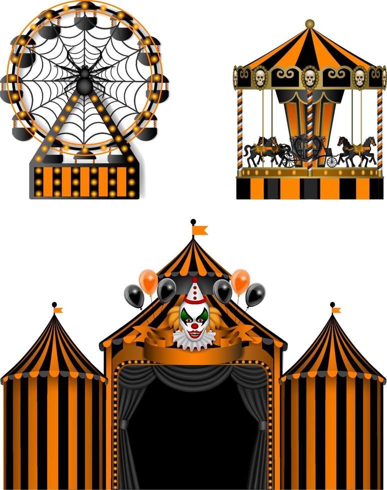 éléments du parc halloween luna. cirque, grande roue et carrousel vecteur