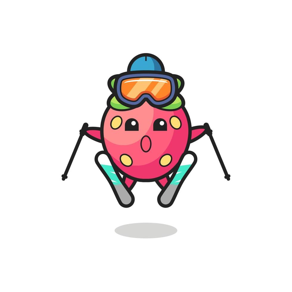 personnage mascotte fraise en tant que joueur de ski vecteur